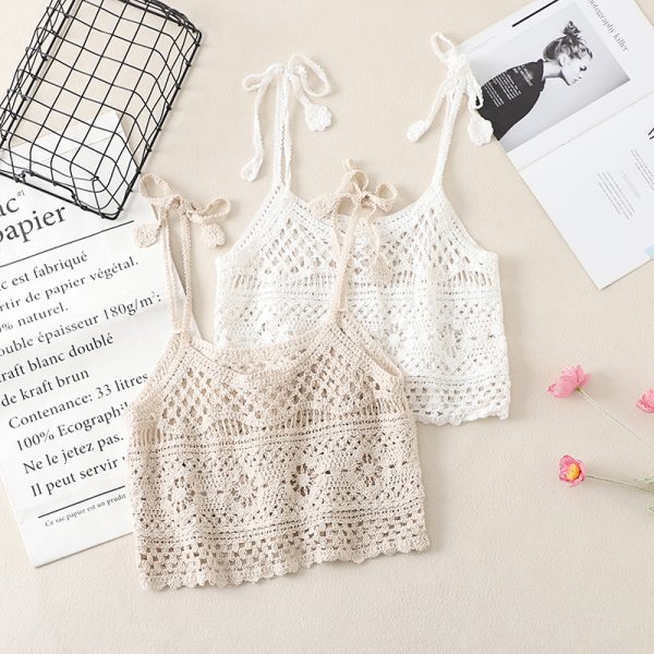 Lace Crochet Hollow Knit Tie-Back Tank Top for Women, Vintage Loose Sleeveless Cropped Summer Outerwear, Y2K Style