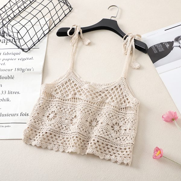 Lace Crochet Hollow Knit Tie-Back Tank Top for Women, Vintage Loose Sleeveless Cropped Summer Outerwear, Y2K Style