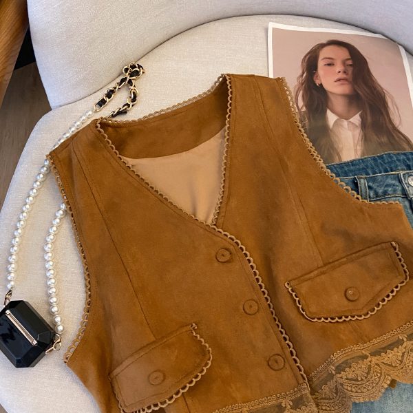 Lace Embroidered Patchwork Suede Vest for Women - Boho Short Cardigan for Travel Outfits, Ideal for 90s and Y2K Styles
