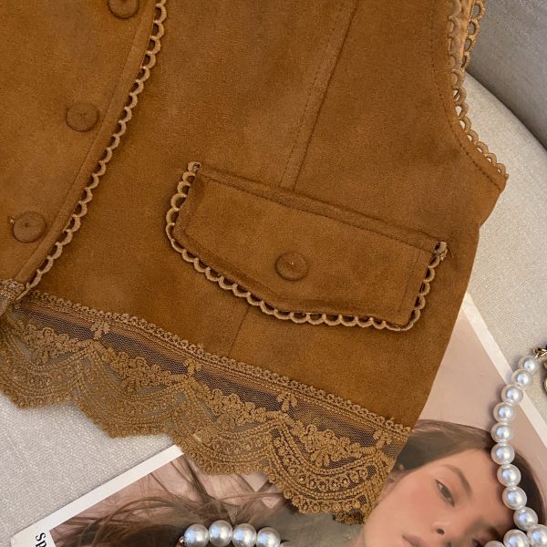 Lace Embroidered Patchwork Suede Vest for Women - Boho Short Cardigan for Travel Outfits, Ideal for 90s and Y2K Styles