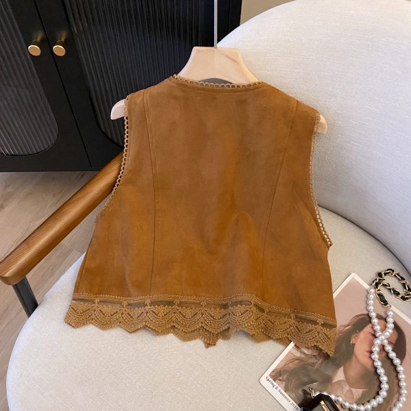 Lace Embroidered Patchwork Suede Vest for Women - Boho Short Cardigan for Travel Outfits, Ideal for 90s and Y2K Styles