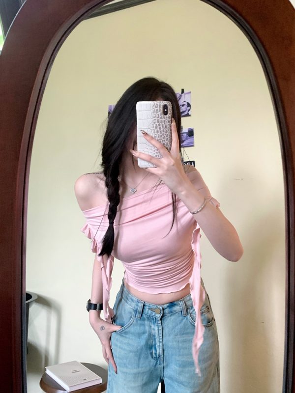 Lace Holiday Tune One-Shoulder Ruffle Edge Short Sleeve T-Shirt for Women - Flowing White Summer Top, Y2K Inspired Fashion