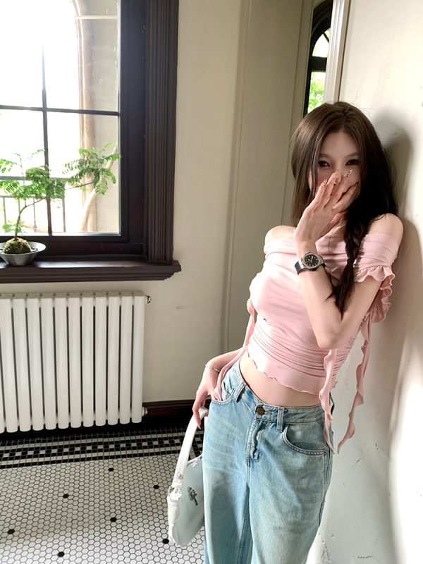 Lace Holiday Tune One-Shoulder Ruffle Edge Short Sleeve T-Shirt for Women - Flowing White Summer Top, Y2K Inspired Fashion