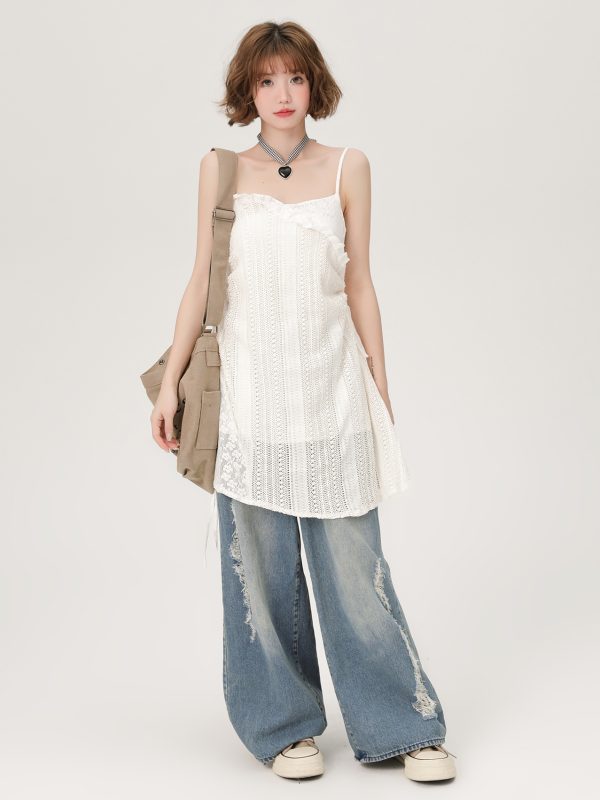 Lace Hollow-Out Camisole Dress for Women - Summer Layered Loose Slimming Dress, Girly Style, Niche Fashion, Y2K Trend