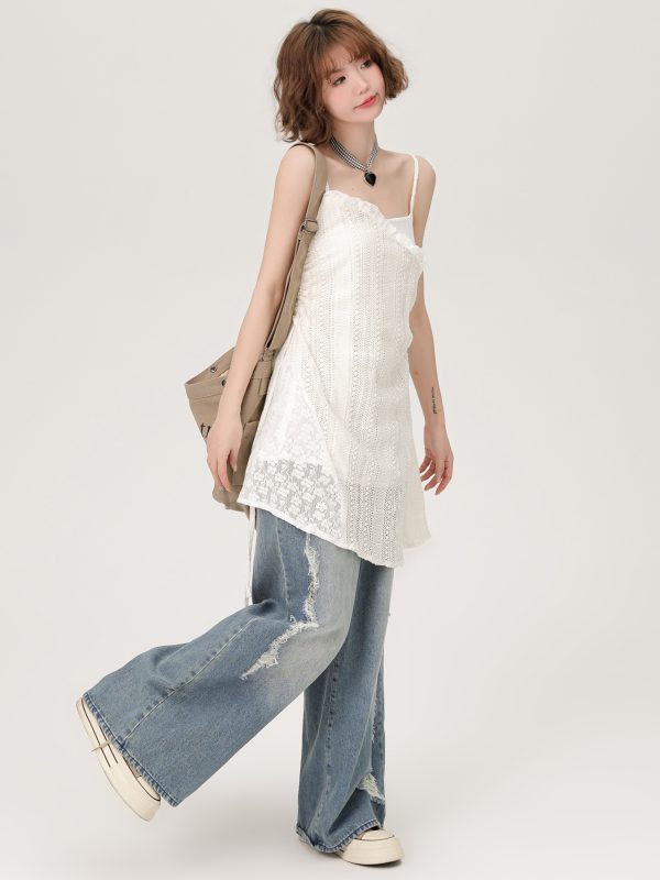 Lace Hollow-Out Camisole Dress for Women - Summer Layered Loose Slimming Dress, Girly Style, Niche Fashion, Y2K Trend