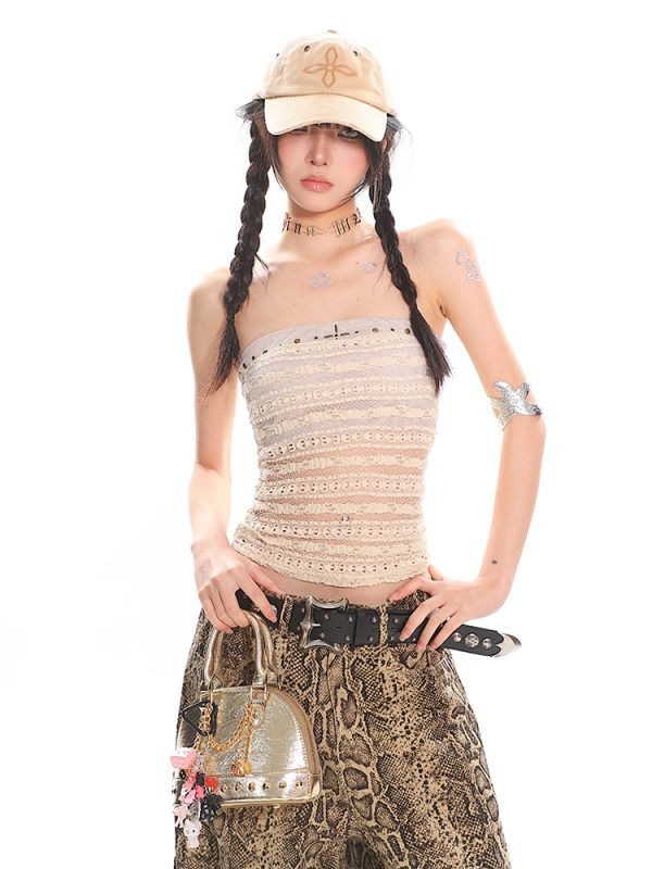 Lace Hollow Out Strapless Top and Long Pants Two-Piece Set for Women - Summer Fashion, Trendy Y2K Style