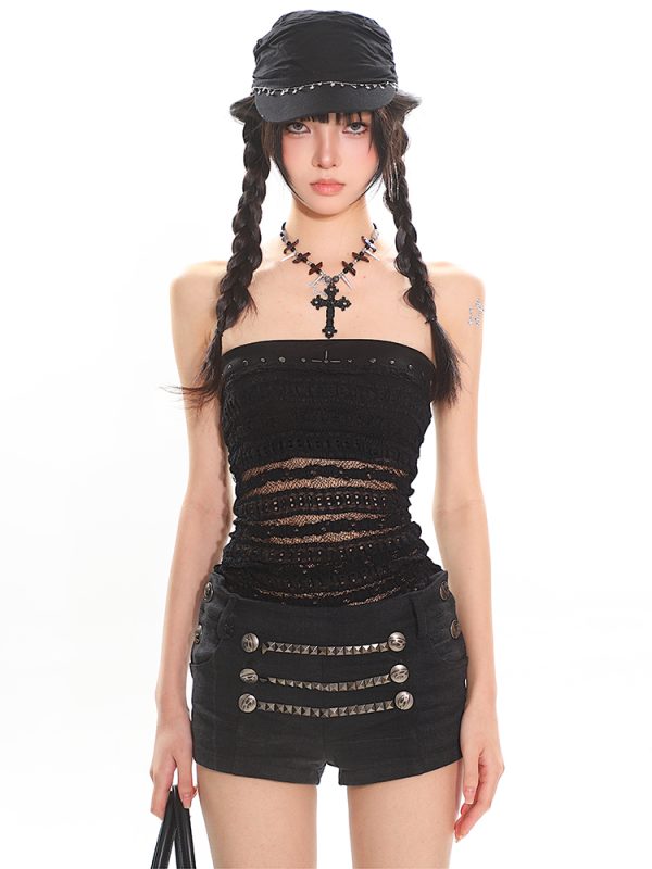 Lace Hollow Out Strapless Top and Long Pants Two-Piece Set for Women - Summer Fashion, Trendy Y2K Style