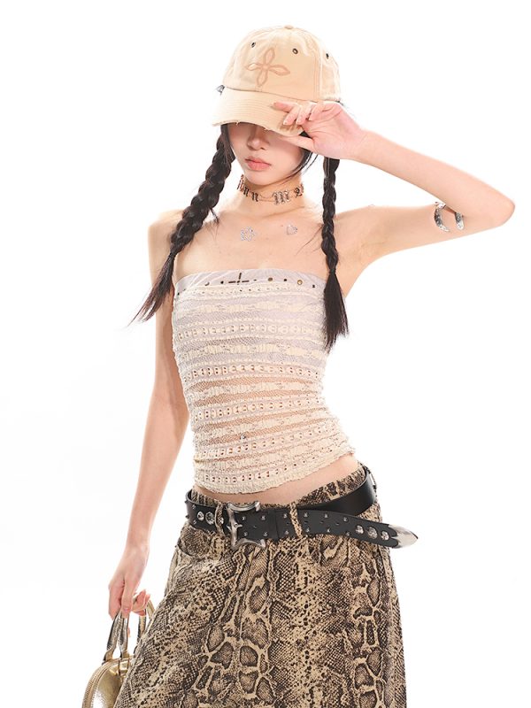 Lace Hollow Out Strapless Top and Long Pants Two-Piece Set for Women - Summer Fashion, Trendy Y2K Style