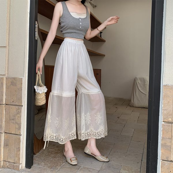 Lace Leggings with Anti-Exposure Lining, Cotton-Linen Wide-Leg Pants for Women, Layered Style for Hanfu and Qipao, Trendy Fashion Essential