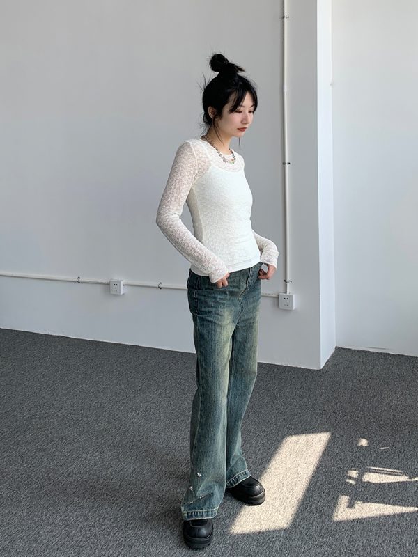 Lace Mesh Long Sleeve Versatile Layering Tee - Trendy Base Shirt for 90s and Y2K Fashion Styles