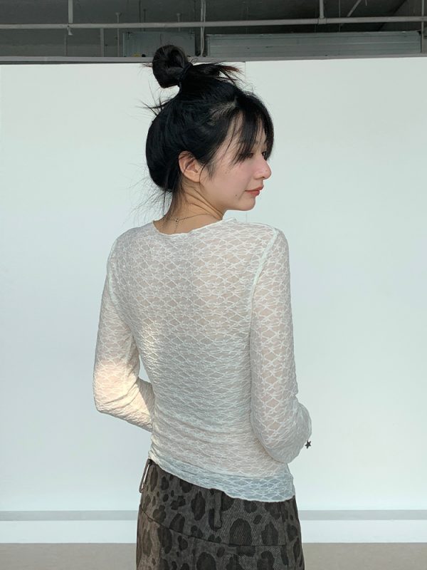 Lace Mesh Long Sleeve Versatile Layering Tee - Trendy Base Shirt for 90s and Y2K Fashion Styles