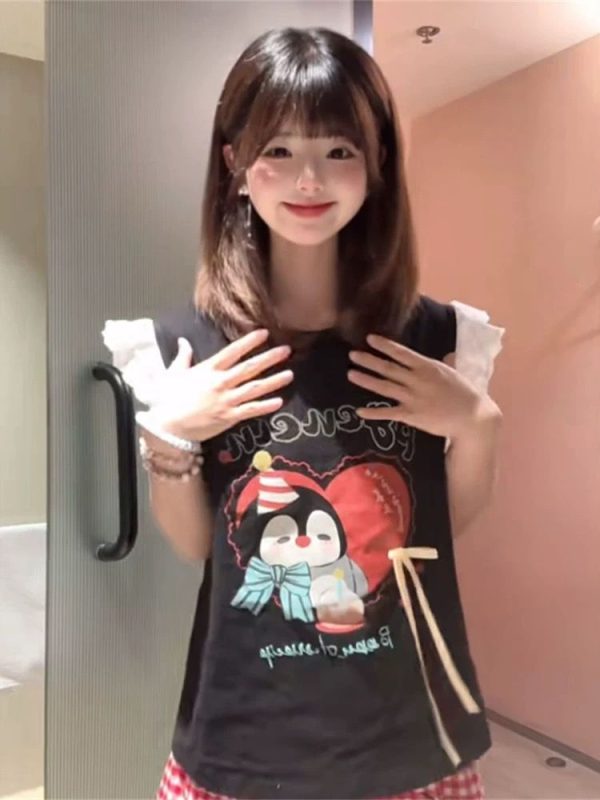 Lace Spliced Flutter Sleeve Bow Tie Vest T-Shirt for Women - Unique Shoulderless Summer Top