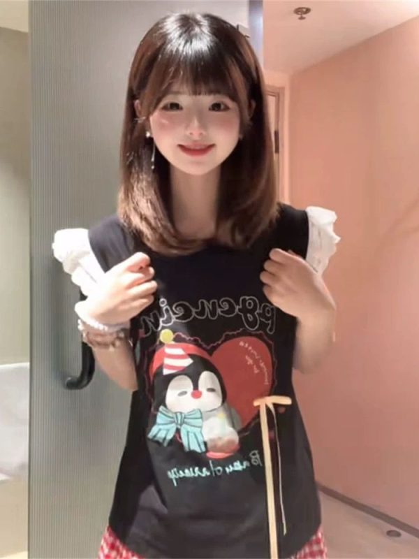 Lace Spliced Flutter Sleeve Bow Tie Vest T-Shirt for Women - Unique Shoulderless Summer Top