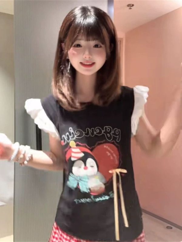 Lace Spliced Flutter Sleeve Bow Tie Vest T-Shirt for Women - Unique Shoulderless Summer Top
