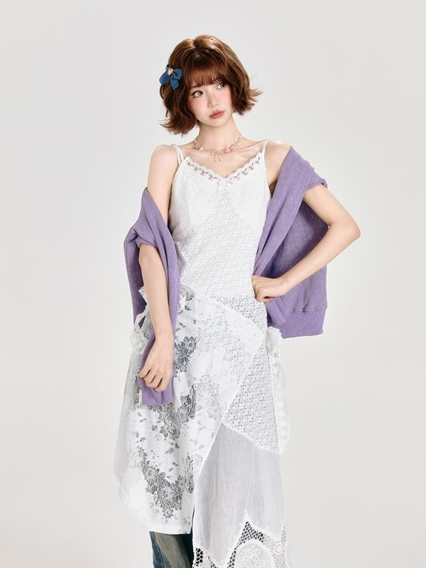 Lace Spliced White Camisole Dress with Layered Design and Matching Mid-Length Skirt - Girly Style, Perfect for Summer Events