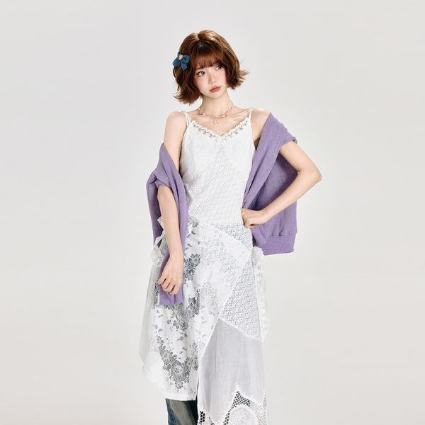 Lace Spliced White Camisole Dress with Layered Design and Matching Mid-Length Skirt - Girly Style, Perfect for Summer Events