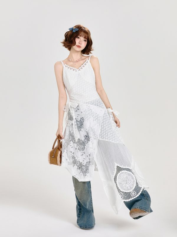 Lace Spliced White Camisole Dress with Layered Design and Matching Mid-Length Skirt - Girly Style, Perfect for Summer Events
