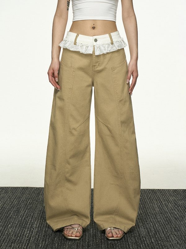 Lace Splicing Color-Blocking High-Waisted Casual Pants for Women - Summer Loose Slim Straight-Leg Versatile Wide-Leg Trousers