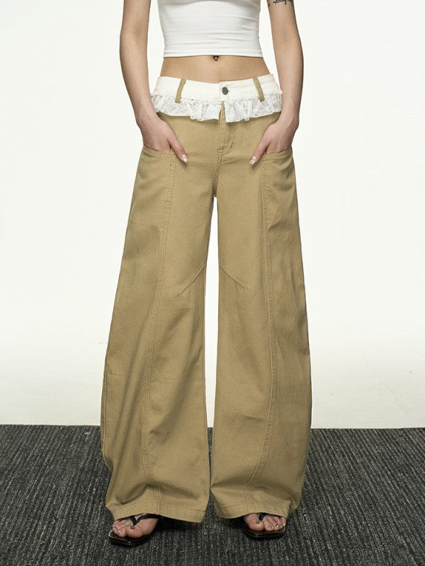 Lace Splicing Color-Blocking High-Waisted Casual Pants for Women - Summer Loose Slim Straight-Leg Versatile Wide-Leg Trousers