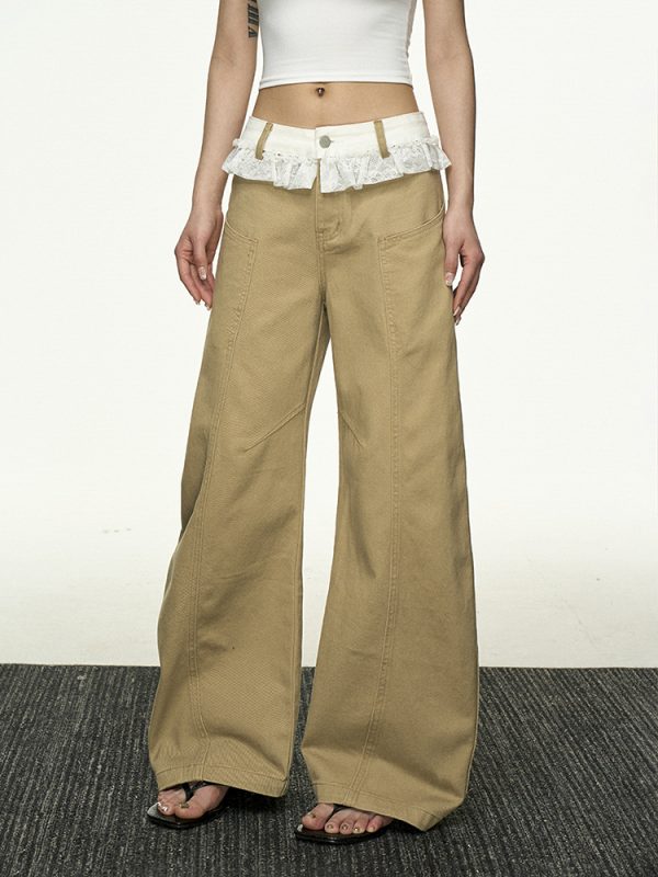 Lace Splicing Color-Blocking High-Waisted Casual Pants for Women - Summer Loose Slim Straight-Leg Versatile Wide-Leg Trousers