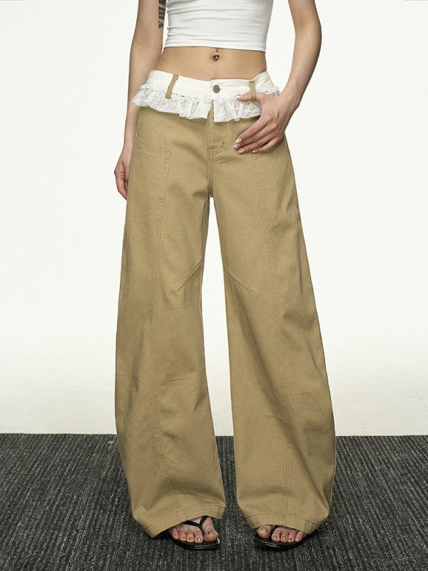 Lace Splicing Color-Blocking High-Waisted Casual Pants for Women - Summer Loose Slim Straight-Leg Versatile Wide-Leg Trousers