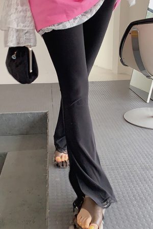 Lace Splicing High-Waisted Split Black Flared Pants for Women, Plus Size, Spring Summer Casual Fashion