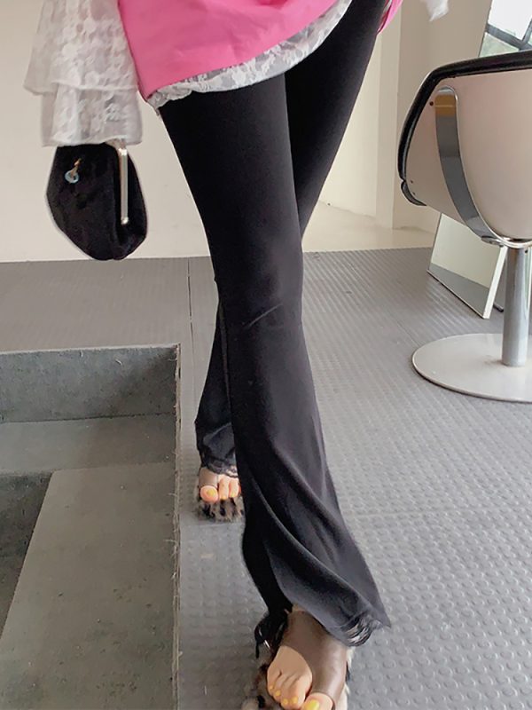 Lace Splicing High-Waisted Split Black Flared Pants for Women, Plus Size, Spring Summer Casual Fashion