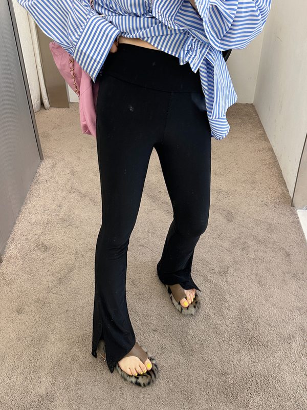 Lace Splicing High-Waisted Split Black Flared Pants for Women, Plus Size, Spring Summer Casual Fashion