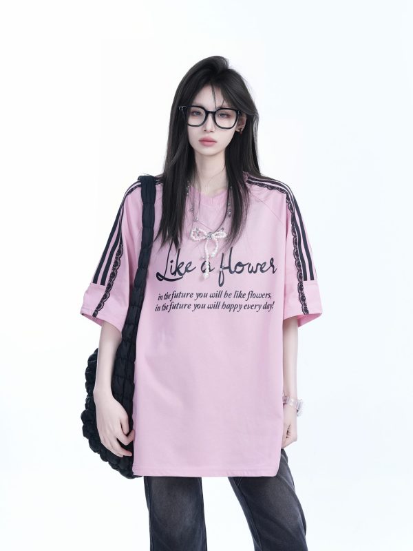 Lace Splicing Pearl Bow Short Sleeve T-Shirt for Women, Loose Half Sleeve Top, Elegant 90s-Inspired Fashion
