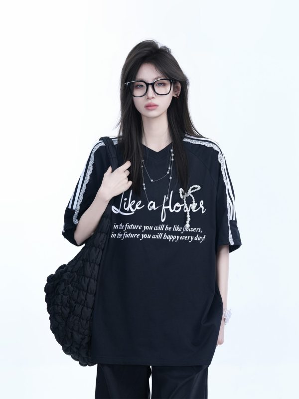 Lace Splicing Pearl Bow Short Sleeve T-Shirt for Women, Loose Half Sleeve Top, Elegant 90s-Inspired Fashion
