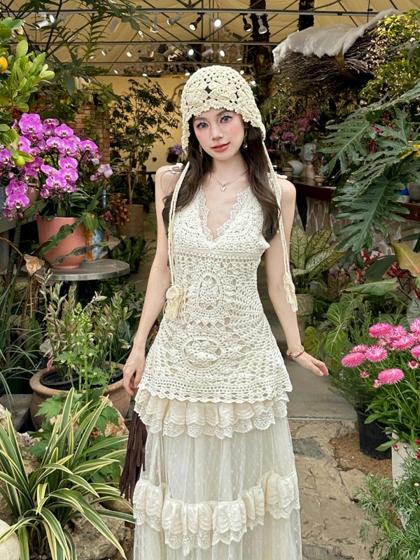 Lace Strap Knitted Hollow Vest Cover-Up with High-Waisted Lace Cake Skirt for Layering - Y2K Style Outerwear