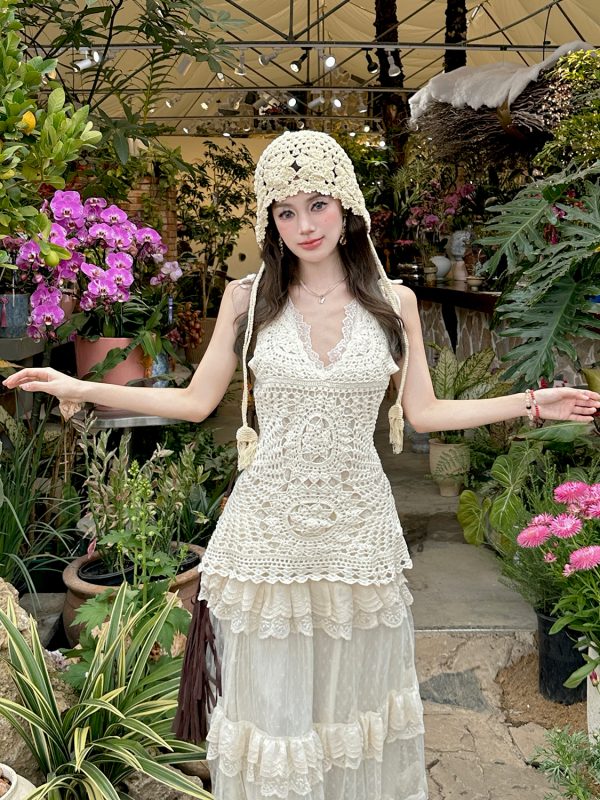 Lace Strap Knitted Hollow Vest Cover-Up with High-Waisted Lace Cake Skirt for Layering - Y2K Style Outerwear