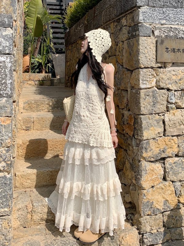 Lace Strap Knitted Hollow Vest Cover-Up with High-Waisted Lace Cake Skirt for Layering - Y2K Style Outerwear