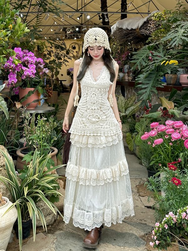 Lace Strap Knitted Hollow Vest Cover-Up with High-Waisted Lace Cake Skirt for Layering - Y2K Style Outerwear