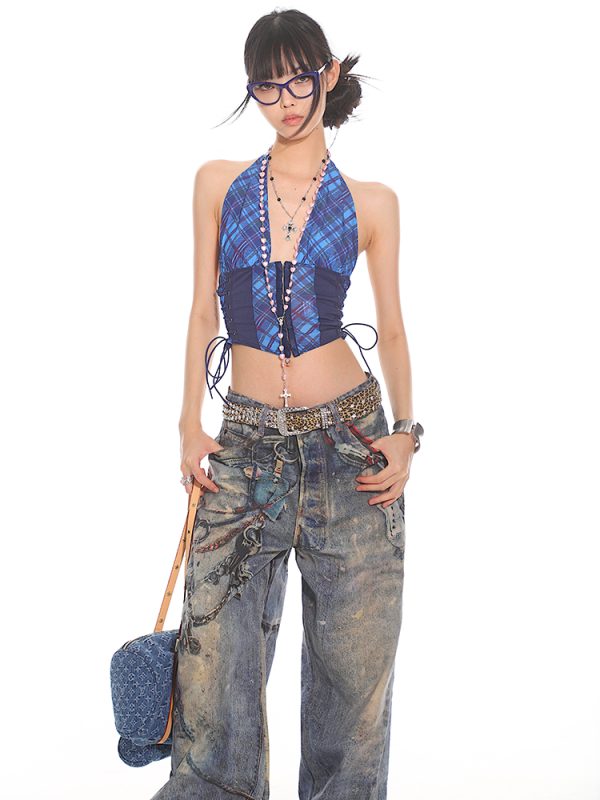 Lace-Up Blue Plaid College Tank Top for Women - 2025 Summer American Millennial Y2K Style