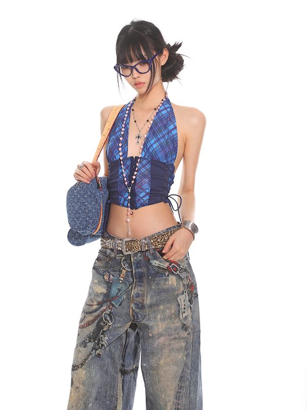 Lace-Up Blue Plaid College Tank Top for Women - 2025 Summer American Millennial Y2K Style