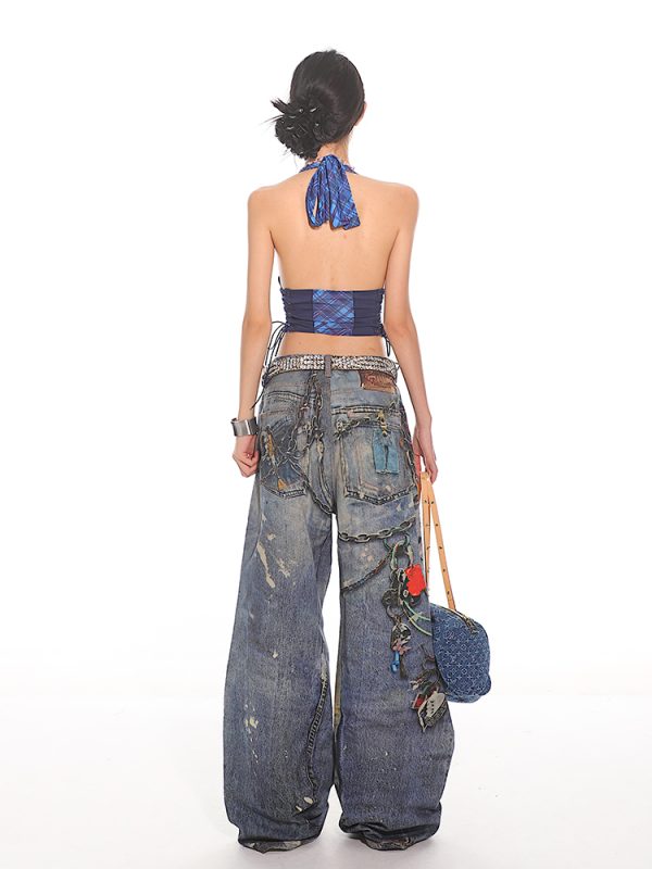 Lace-Up Blue Plaid College Tank Top for Women - 2025 Summer American Millennial Y2K Style