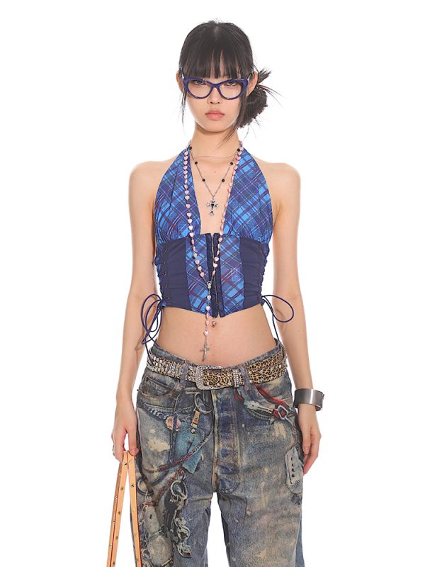 Lace-Up Blue Plaid College Tank Top for Women - 2025 Summer American Millennial Y2K Style