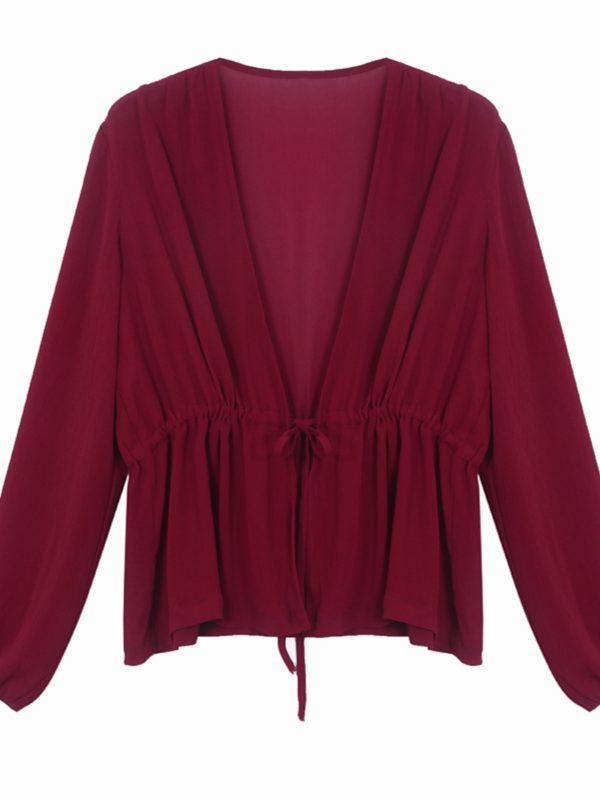 Lace-Up Lantern Sleeve Cardigan - Women's Chiffon Outerwear, V-Neck, Waist-Cinching Design for Spring/Summer 2025, Trendy Fashion Top