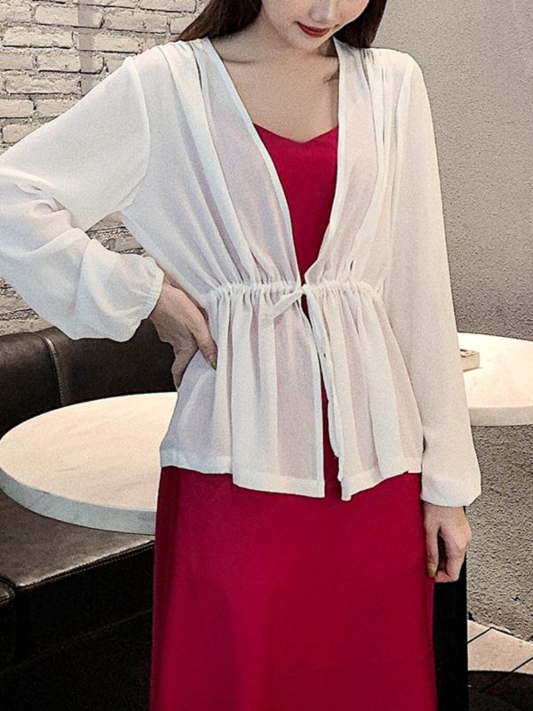 Lace-Up Lantern Sleeve Cardigan - Women's Chiffon Outerwear, V-Neck, Waist-Cinching Design for Spring/Summer 2025, Trendy Fashion Top