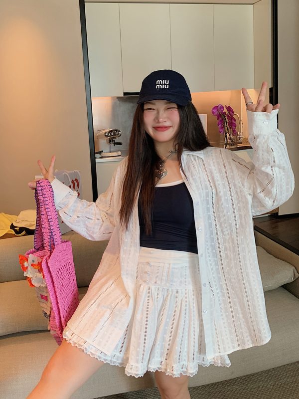 Lace-Up Shirt and Skirt Women's Set - Plus Size Summer 2025 Two-Piece Outfit in Trendy Korean Style