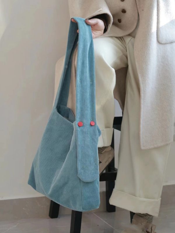Lake Blue Corduroy Tote Bag - Large Capacity Crossbody Shoulder Bag for Commuters, Trendy Solid Color 2025 Design