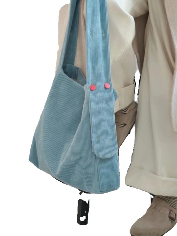 Lake Blue Corduroy Tote Bag - Large Capacity Crossbody Shoulder Bag for Commuters, Trendy Solid Color 2025 Design