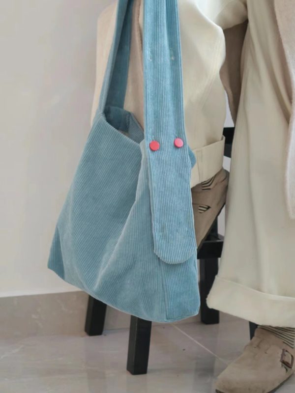 Lake Blue Corduroy Tote Bag - Large Capacity Crossbody Shoulder Bag for Commuters, Trendy Solid Color 2025 Design