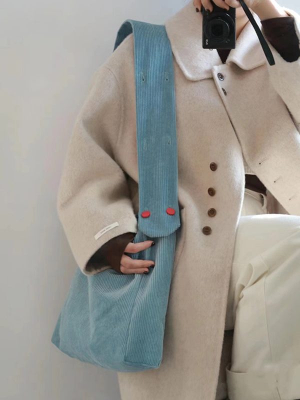 Lake Blue Corduroy Tote Bag - Large Capacity Crossbody Shoulder Bag for Commuters, Trendy Solid Color 2025 Design