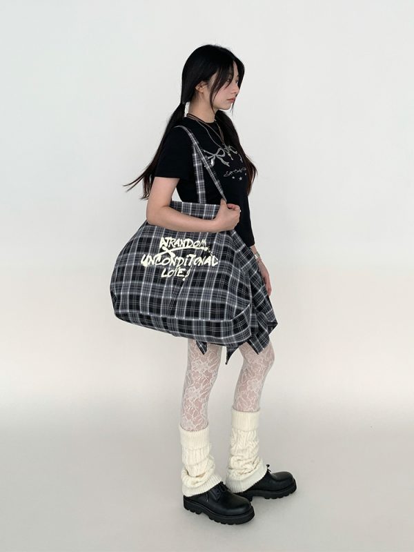 Large Capacity Black and White Checkered Graffiti Text Beach Shoulder Tote Bag - Trendy Y2K Style