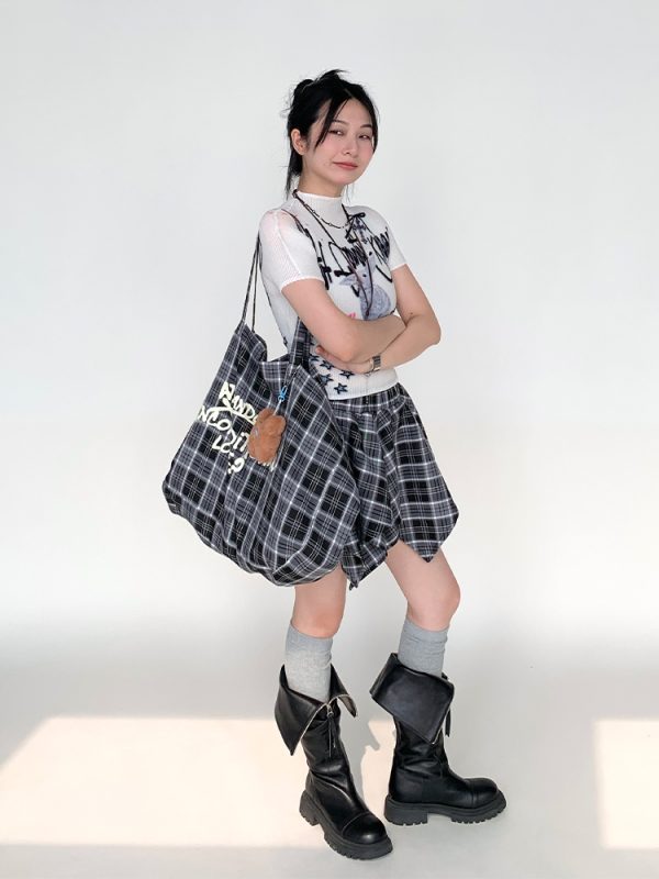 Large Capacity Black and White Checkered Graffiti Text Beach Shoulder Tote Bag - Trendy Y2K Style