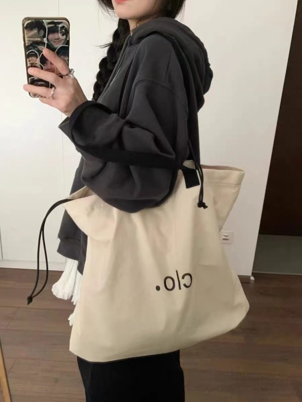 Large Capacity Canvas Drawstring Tote Bag for Commuting, Fresh Korean Style Minimalist Design with Letter Print
