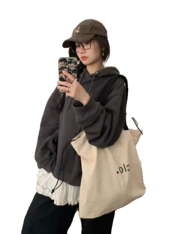 Large Capacity Canvas Drawstring Tote Bag for Commuting, Fresh Korean Style Minimalist Design with Letter Print