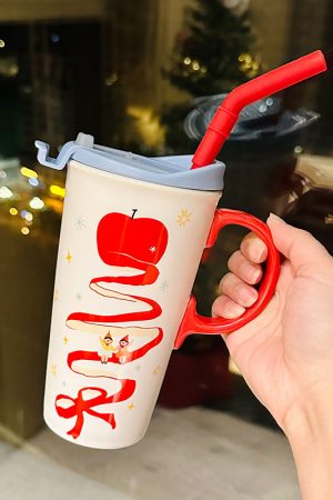 Large Capacity Ceramic Mug with Lid and Straw - Cute Summer Drinkware for Water, Coffee, and Iced Beverages